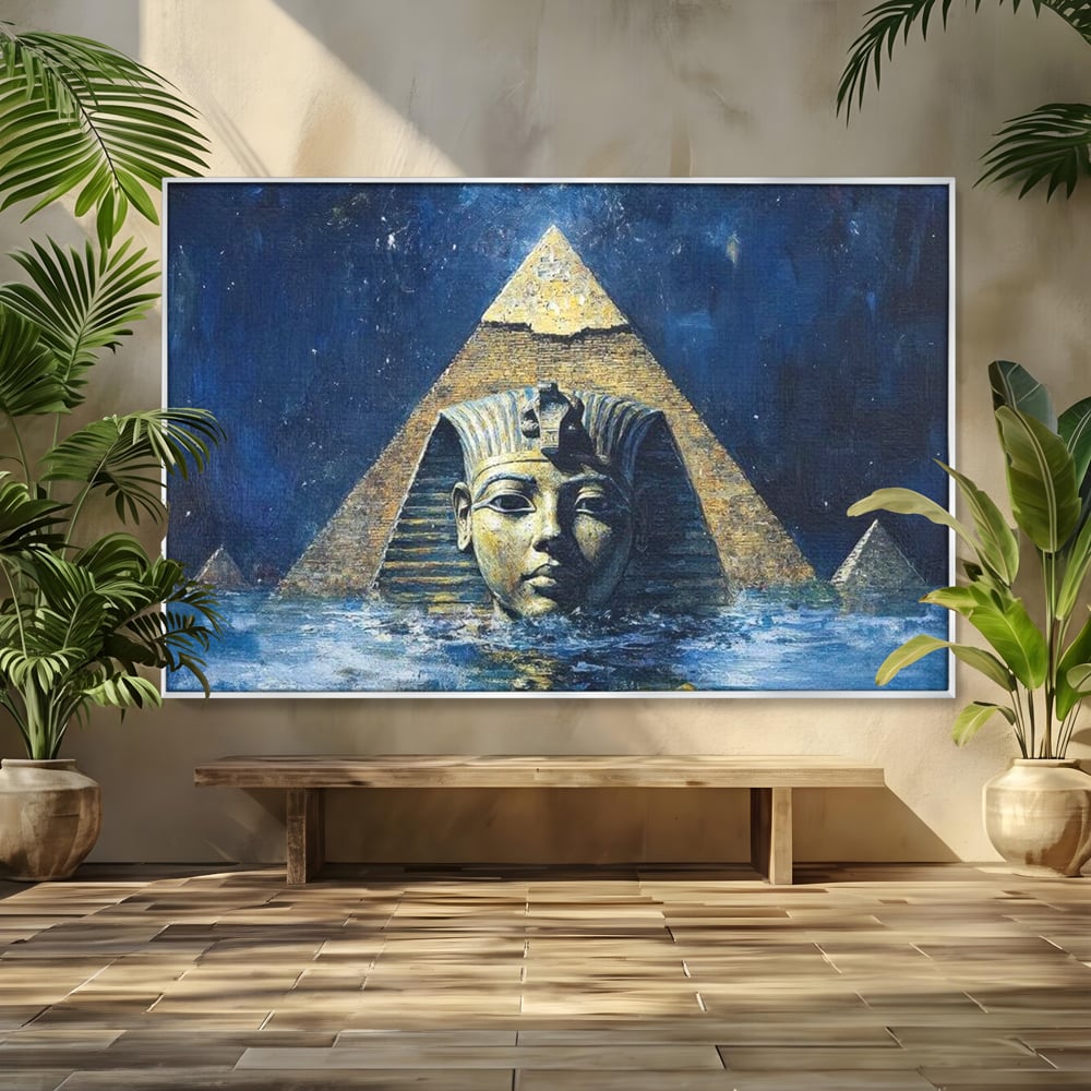 Tablou canvas cu pictura cu sfinx si piramida in apa, in rama de aluminiu argintiu